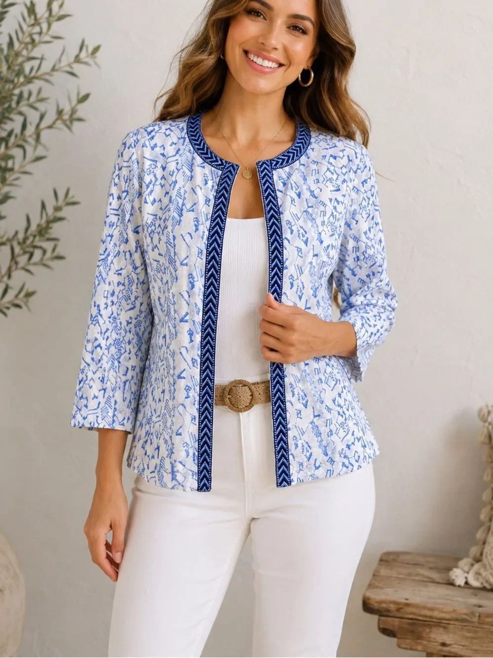 Chico’s Cotton Embroidered Tribal Print Open Front Jacket Size S